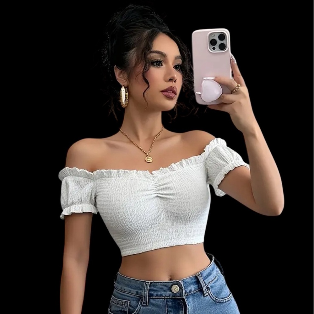 White Off-Shoulder Smocked Top